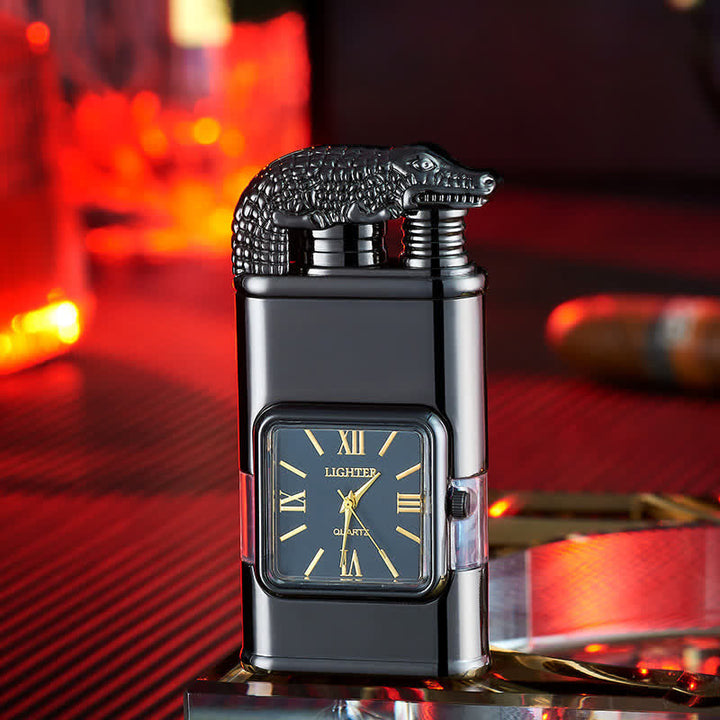 Encendedor de butano recargable de doble llama con diseño de cocodrilo y reloj