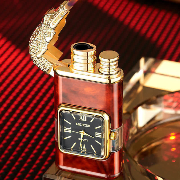 Encendedor de butano recargable de doble llama con diseño de cocodrilo y reloj