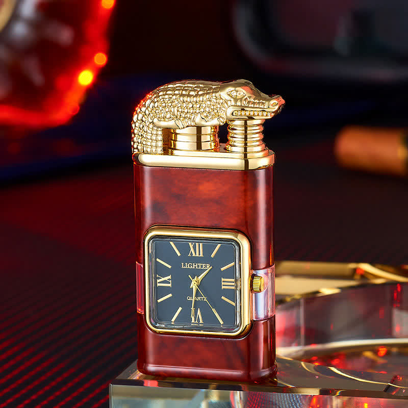 Encendedor de butano recargable de doble llama con diseño de cocodrilo y reloj