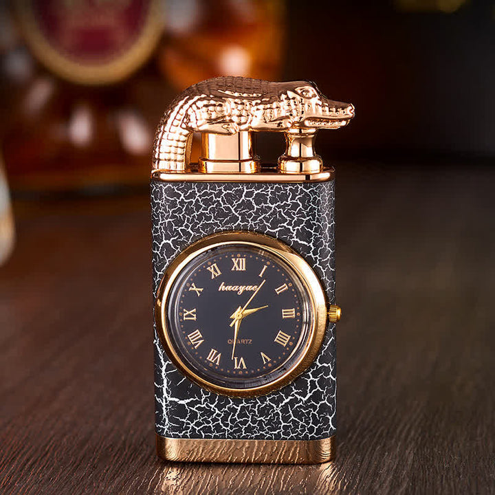 Encendedor de butano recargable de doble llama con diseño de cocodrilo y reloj