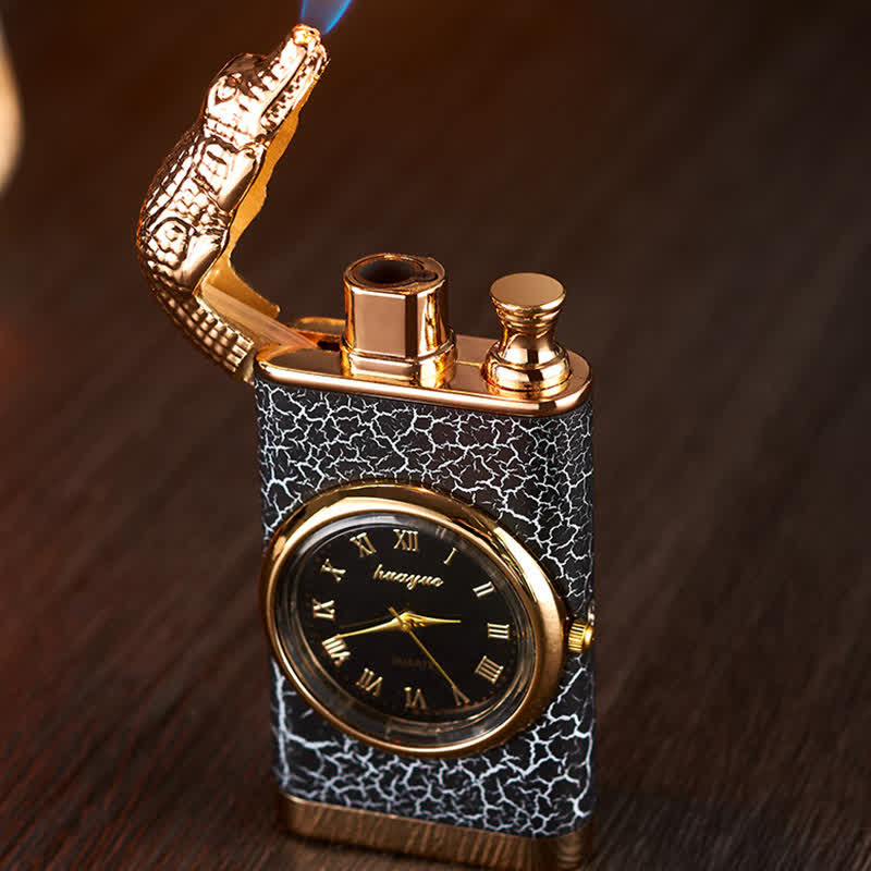 Encendedor de butano recargable de doble llama con diseño de cocodrilo y reloj
