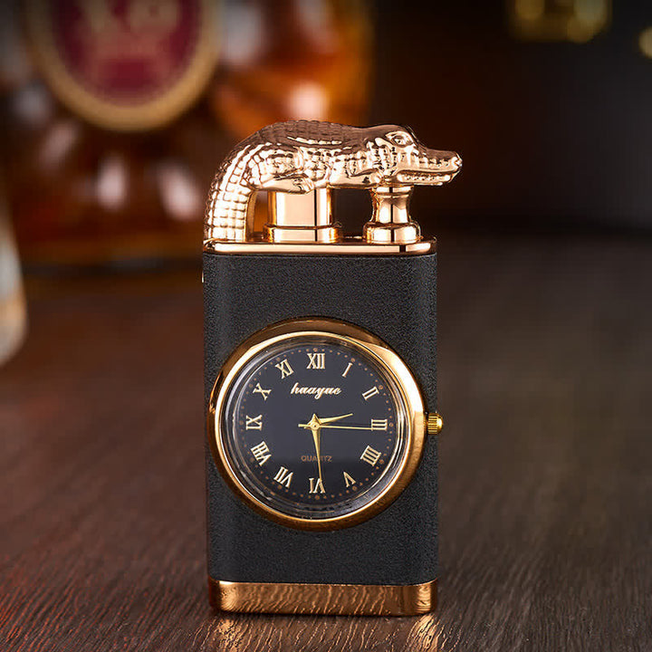 Encendedor de butano recargable de doble llama con diseño de cocodrilo y reloj