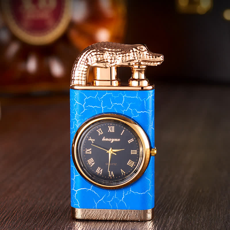 Encendedor de butano recargable de doble llama con diseño de cocodrilo y reloj