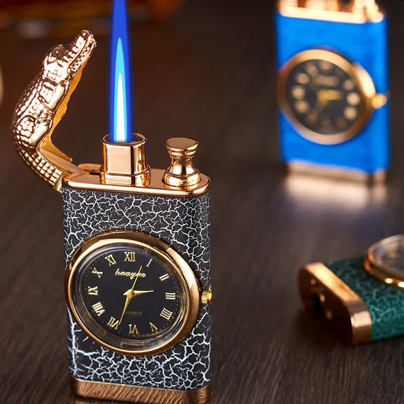 Encendedor de butano recargable de doble llama con diseño de cocodrilo y reloj
