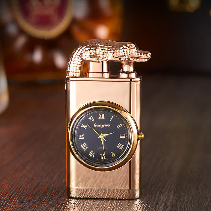 Encendedor de butano recargable de doble llama con diseño de cocodrilo y reloj