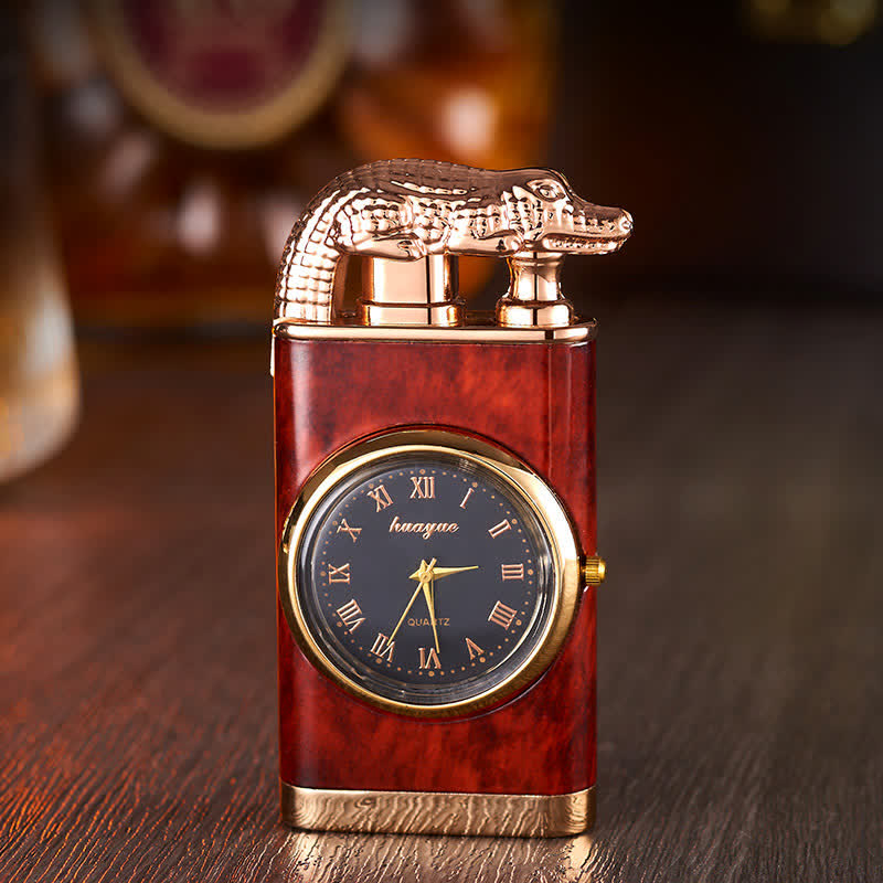 Encendedor de butano recargable de doble llama con diseño de cocodrilo y reloj