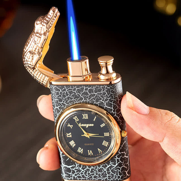 Encendedor de butano recargable de doble llama con diseño de cocodrilo y reloj