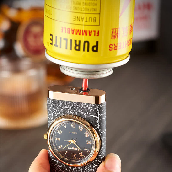 Encendedor de butano recargable de doble llama con diseño de cocodrilo y reloj