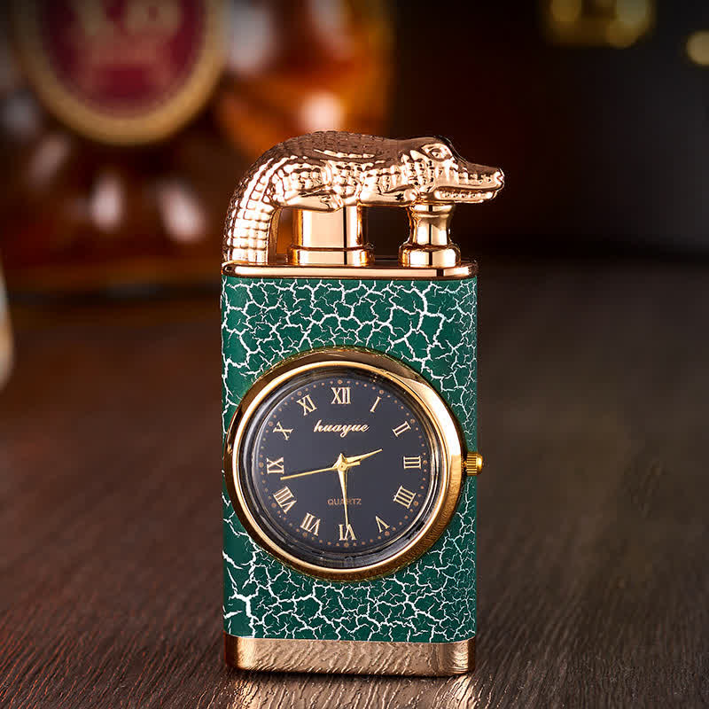 Encendedor de butano recargable de doble llama con diseño de cocodrilo y reloj