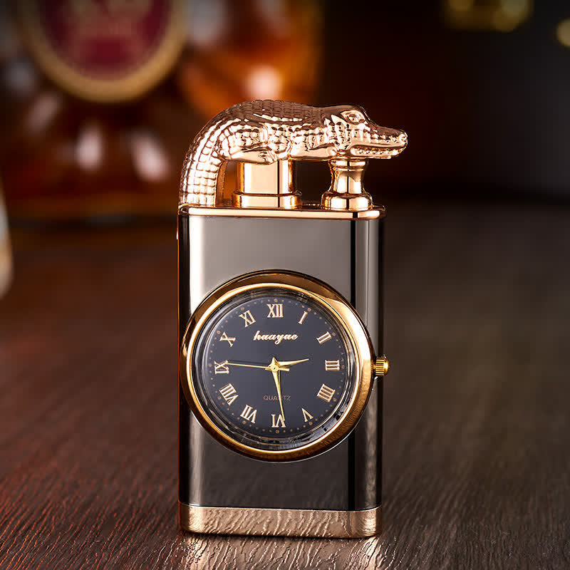 Encendedor de butano recargable de doble llama con diseño de cocodrilo y reloj