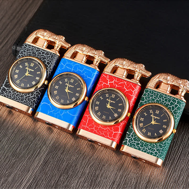 Encendedor de butano recargable de doble llama con diseño de cocodrilo y reloj