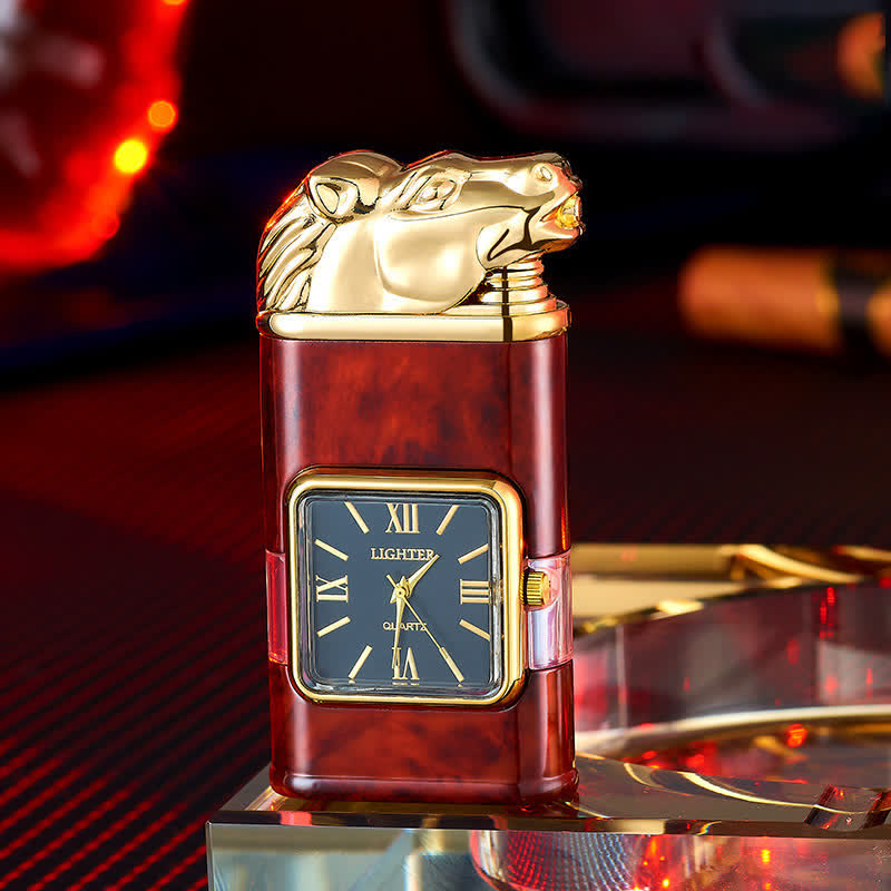 Encendedor de butano recargable de doble llama con diseño de caballo y reloj