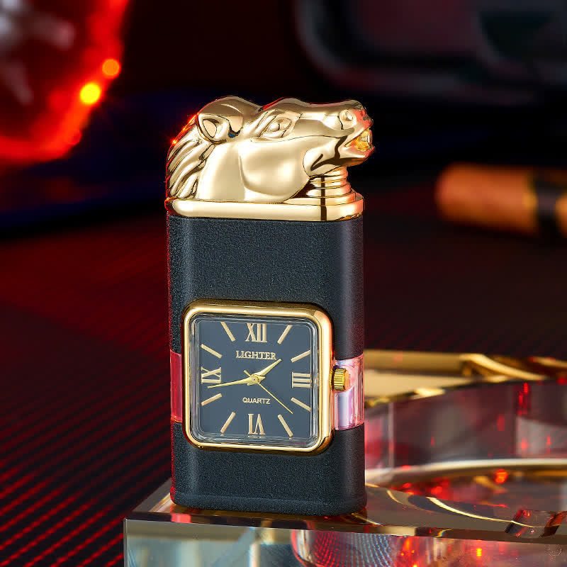 Encendedor de butano recargable de doble llama con diseño de caballo y reloj