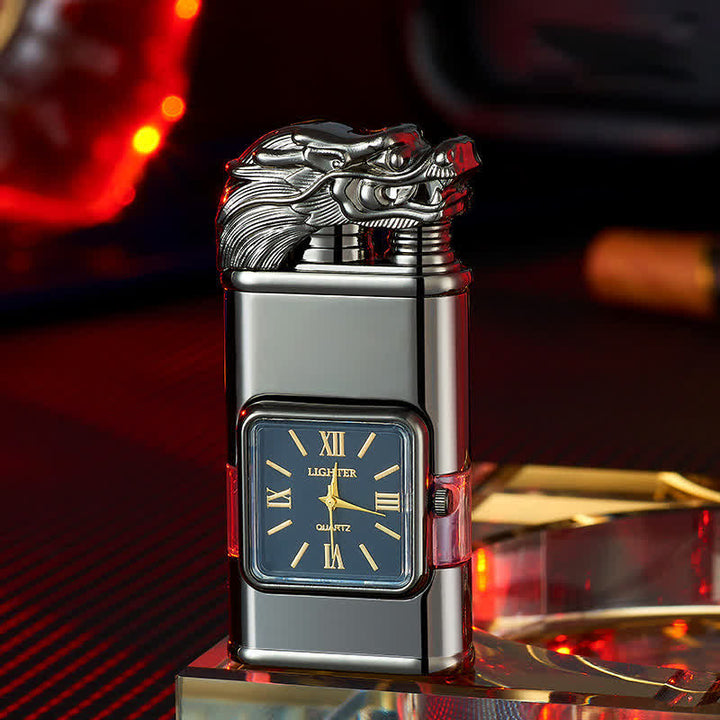 Encendedor de butano recargable de doble llama con diseño de dragón y reloj