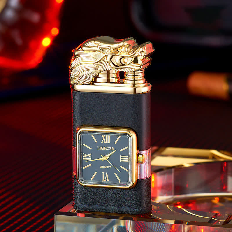Encendedor de butano recargable de doble llama con diseño de dragón y reloj
