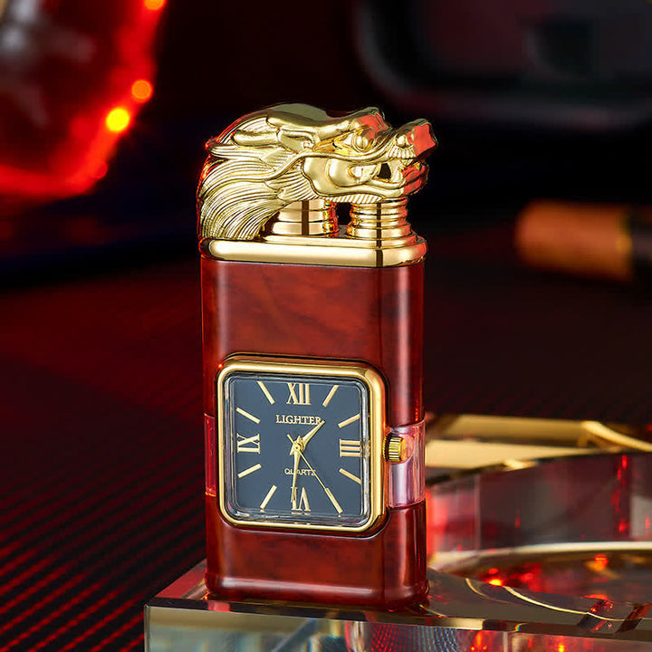 Encendedor de butano recargable de doble llama con diseño de dragón y reloj