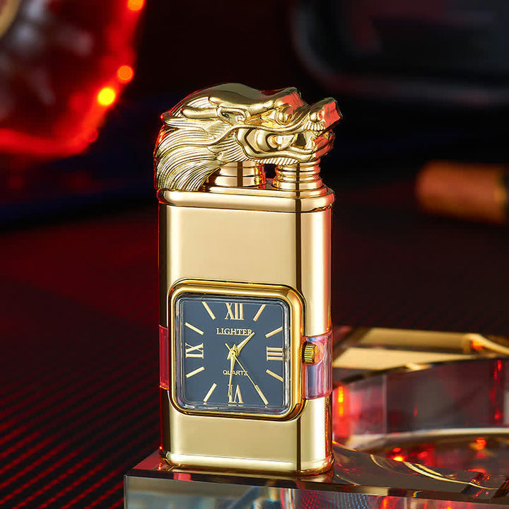 Encendedor de butano recargable de doble llama con diseño de dragón y reloj