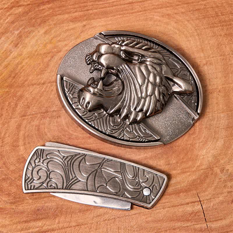 Cinturón de cuero con cuchillo plegable oculto Roaring Tiger para hombre