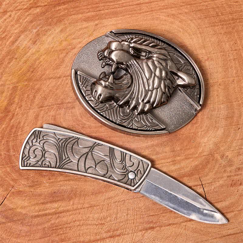Cinturón de cuero con cuchillo plegable oculto Roaring Tiger para hombre