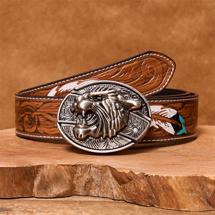 Cinturón de cuero con cuchillo plegable oculto Roaring Tiger para hombre
