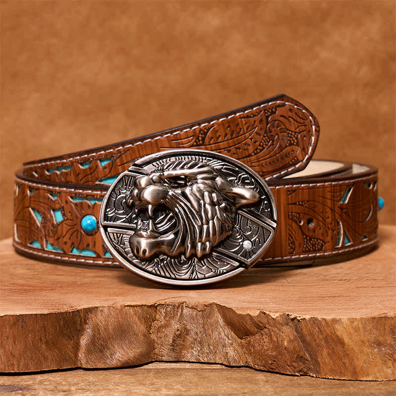 Cinturón de cuero con cuchillo plegable oculto Roaring Tiger para hombre