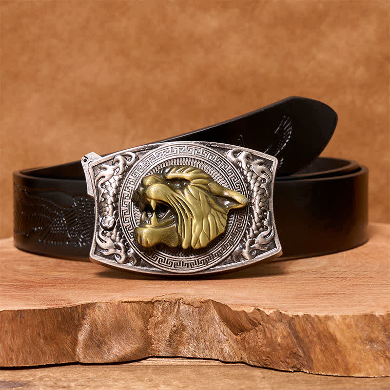 Cinturón de cuero con cuchillo plegable oculto de tigre para hombre, hecho a mano