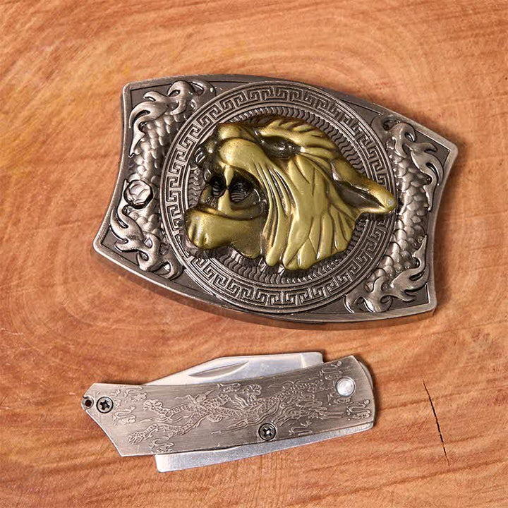 Cinturón de cuero con cuchillo plegable oculto de tigre para hombre, hecho a mano