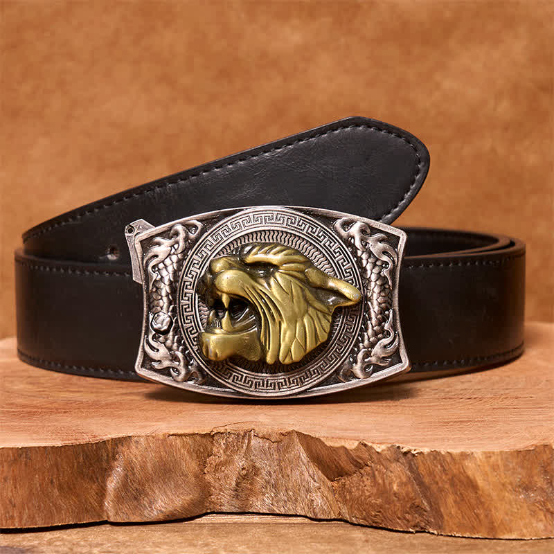 Cinturón de cuero con cuchillo plegable oculto de tigre para hombre, hecho a mano