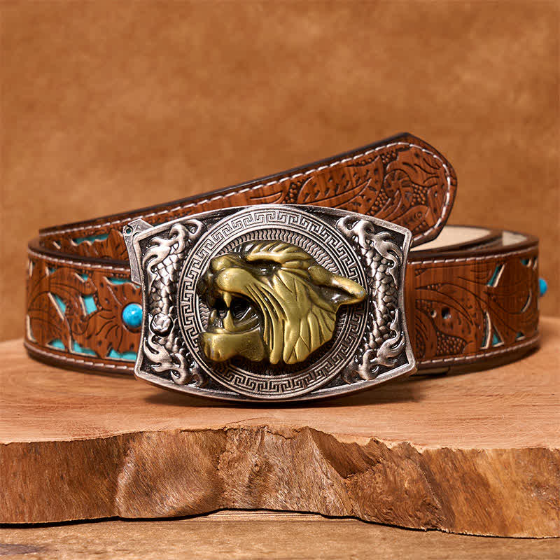 Cinturón de cuero con cuchillo plegable oculto de tigre para hombre, hecho a mano