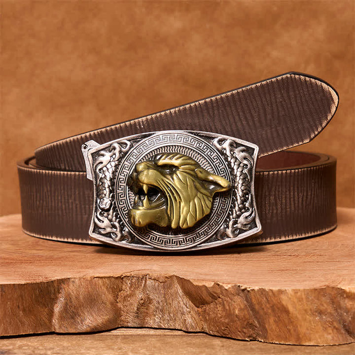 Cinturón de cuero con cuchillo plegable oculto de tigre para hombre, hecho a mano