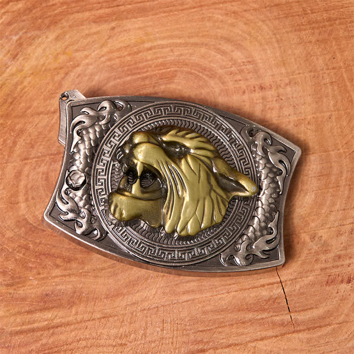 Cinturón de cuero con cuchillo plegable oculto de tigre para hombre, hecho a mano