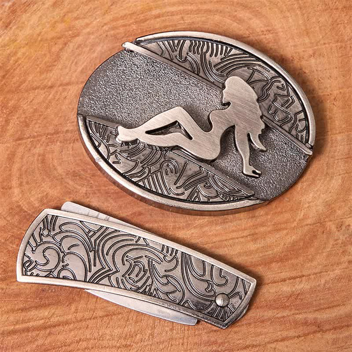 Cinturón de cuero con cuchillo plegable oculto para hombre, silueta de dama, DIY