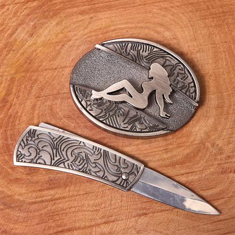 Cinturón de cuero con cuchillo plegable oculto para hombre, silueta de dama, DIY