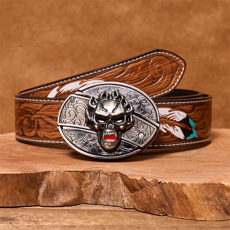 Cinturón de cuero con cuchillo plegable oculto con calavera en llamas para hombre