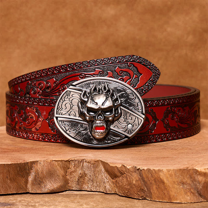 Cinturón de cuero con cuchillo plegable oculto con calavera en llamas para hombre