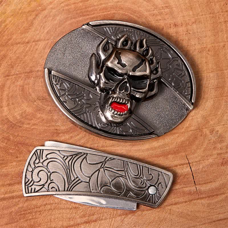 Cinturón de cuero con cuchillo plegable oculto con calavera en llamas para hombre