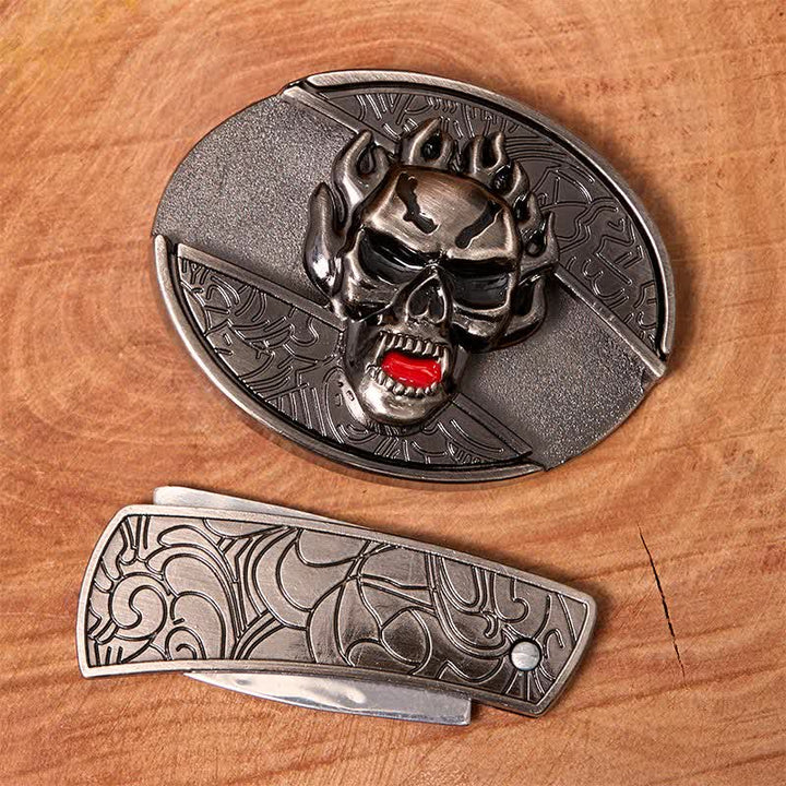 Cinturón de cuero con cuchillo plegable oculto con calavera en llamas para hombre