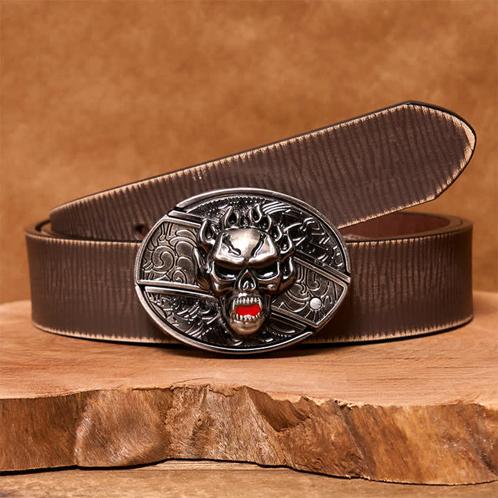 Cinturón de cuero con cuchillo plegable oculto con calavera en llamas para hombre