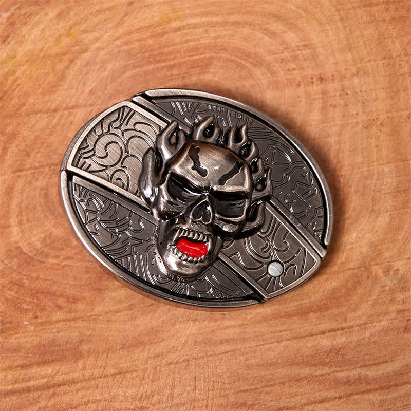 Cinturón de cuero con cuchillo plegable oculto con calavera en llamas para hombre