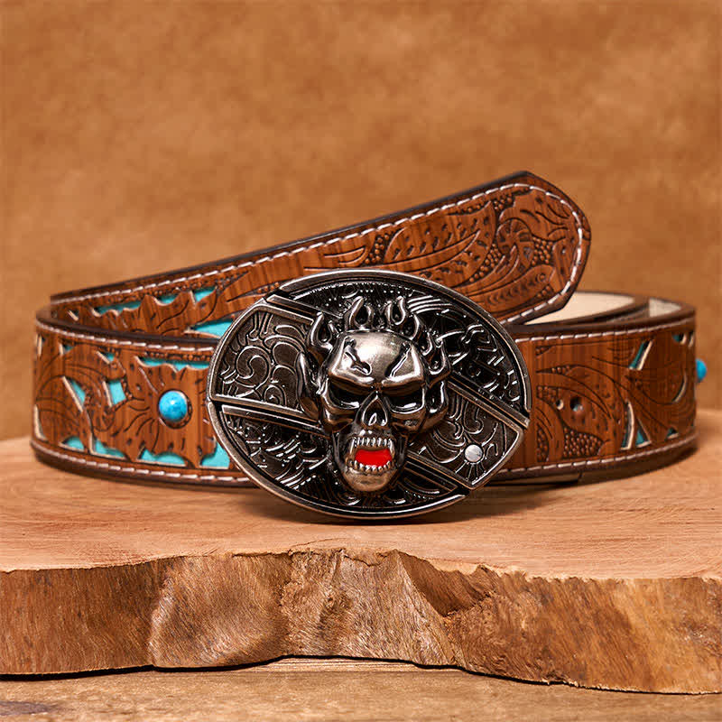 Cinturón de cuero con cuchillo plegable oculto con calavera en llamas para hombre