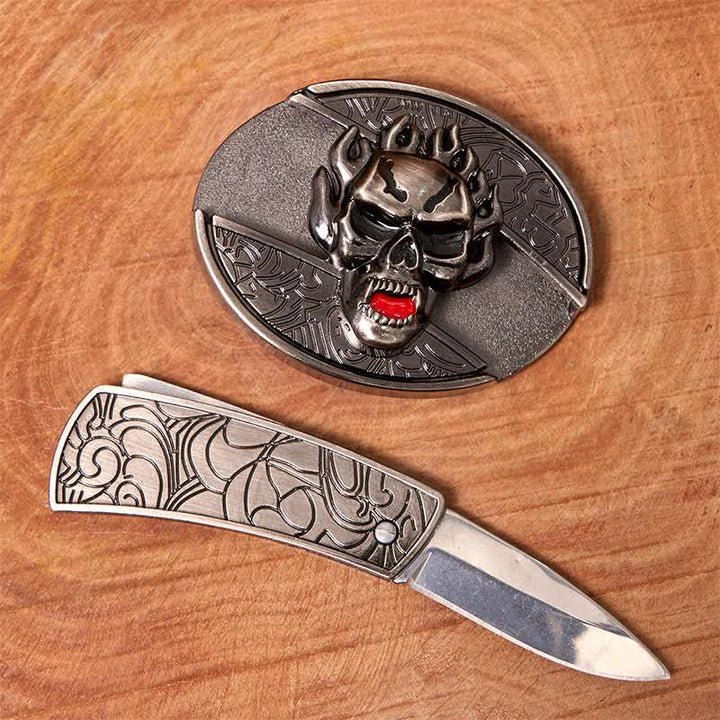 Cinturón de cuero con cuchillo plegable oculto con calavera en llamas para hombre