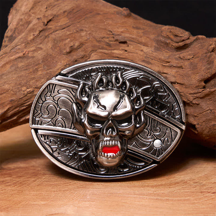 Cinturón de cuero con cuchillo plegable oculto con calavera en llamas para hombre