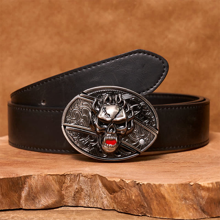 Cinturón de cuero con cuchillo plegable oculto con calavera en llamas para hombre