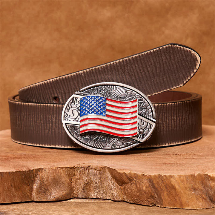 Cinturón de cuero con cuchillo plegable oculto con bandera estadounidense para hombre - Bandera estadounidense - Cinturón marrón desgastado - 42 - image 7