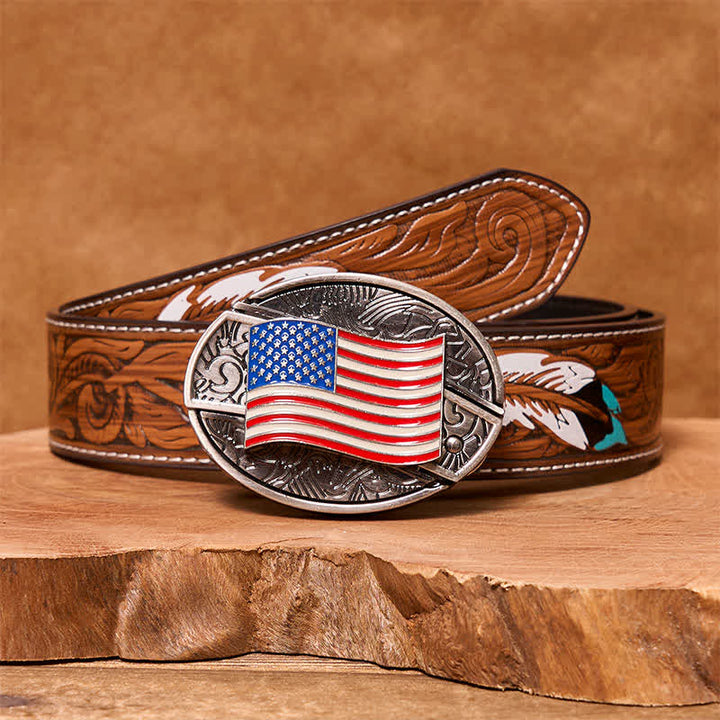 Cinturón de cuero con cuchillo plegable oculto con bandera estadounidense para hombre
