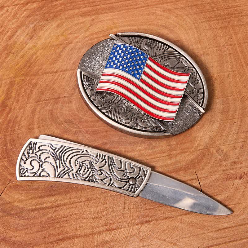 Cinturón de cuero con cuchillo plegable oculto con bandera estadounidense para hombre - image 1