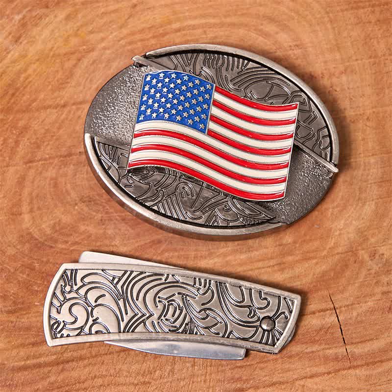 Cinturón de cuero con cuchillo plegable oculto con bandera estadounidense para hombre - image 2