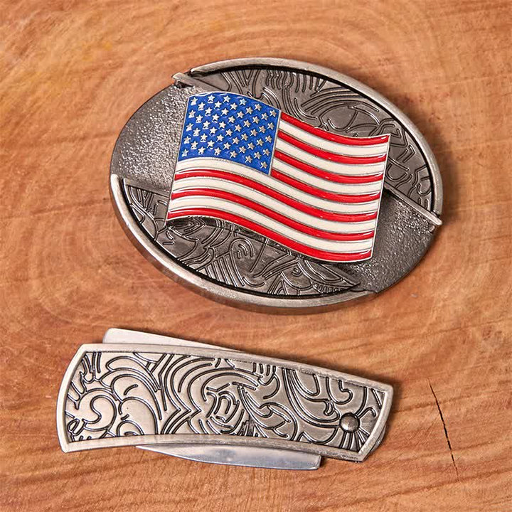 Cinturón de cuero con cuchillo plegable oculto con bandera estadounidense para hombre - image 2
