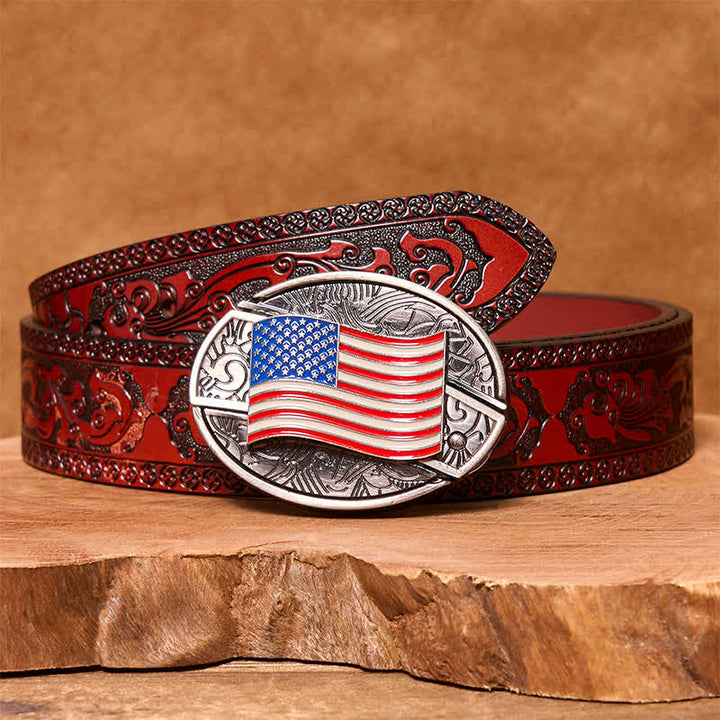 Cinturón de cuero con cuchillo plegable oculto con bandera estadounidense para hombre - Bandera estadounidense - Cinturón marrón tallado - 42 - image 5