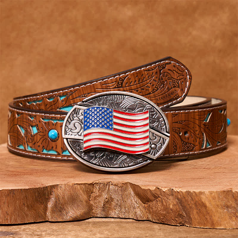 Cinturón de cuero con cuchillo plegable oculto con bandera estadounidense para hombre - Bandera estadounidense - Cinturón tallado en turquesa - 42 - image 6